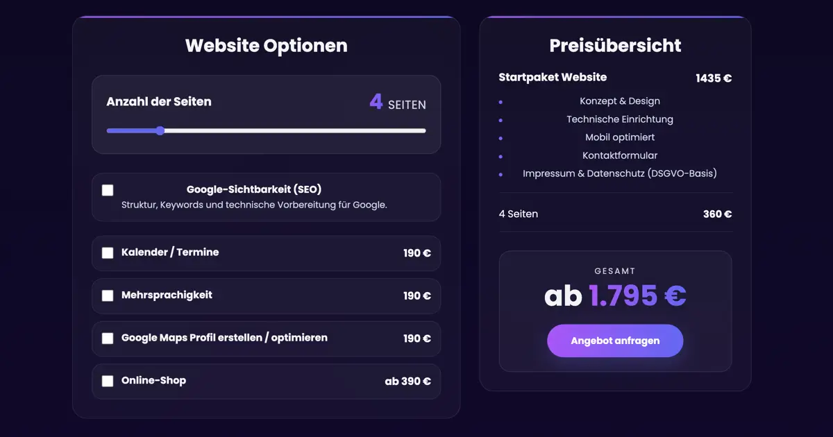 Interaktiver Website-Preisrechner auf maxWapp.de – Seitenanzahl, SEO-Optionen und Preisübersicht in Echtzeit