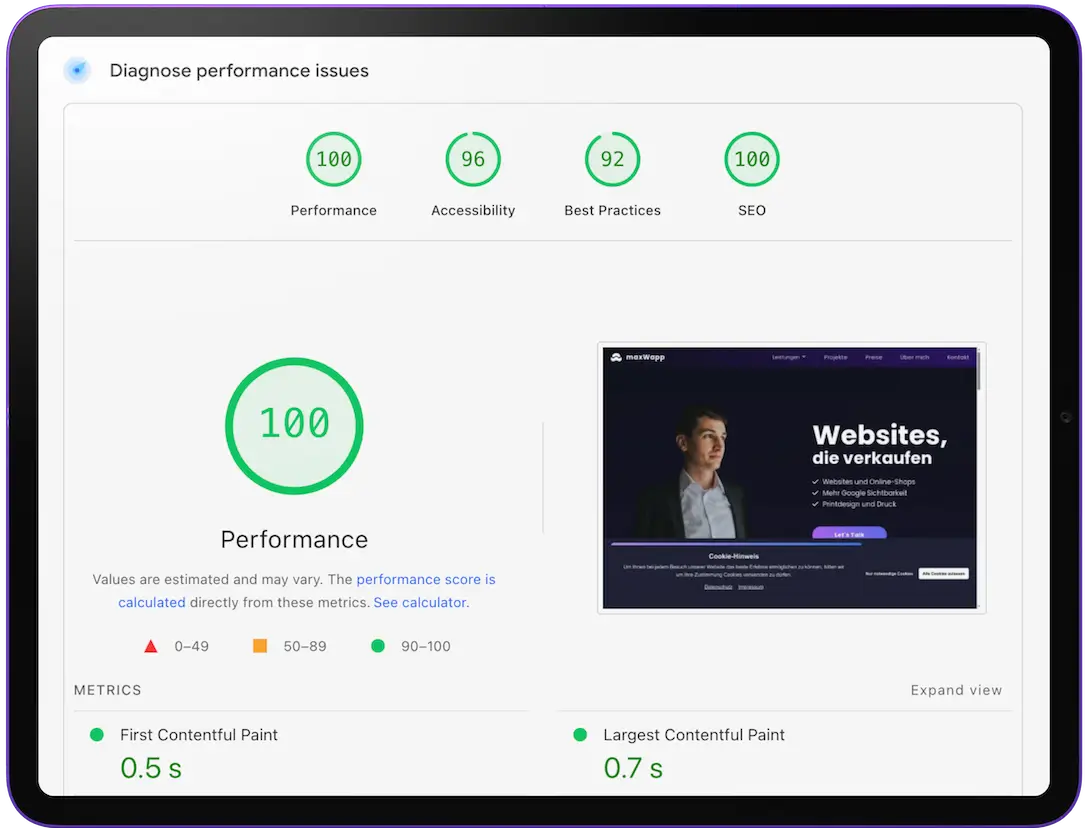 Screenshot: Google PageSpeed Insights – Ergebnis für maxWapp