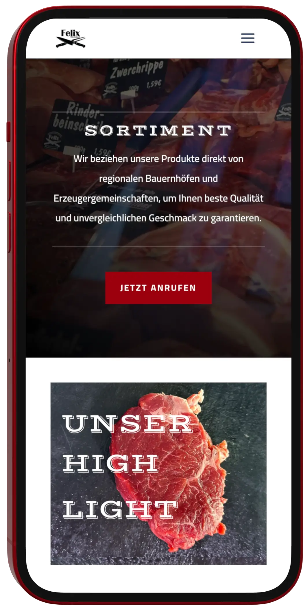 Mobile Ansicht der Felix-Website