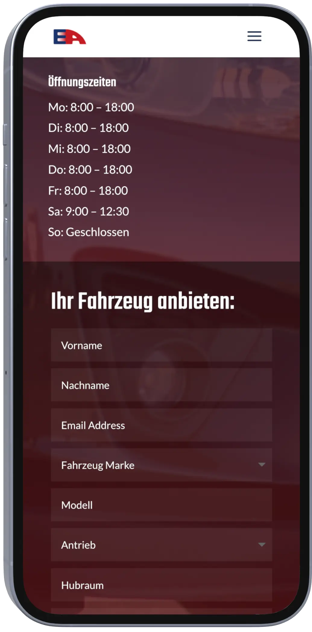 Ansicht der mobilen Fahrzeug-Website