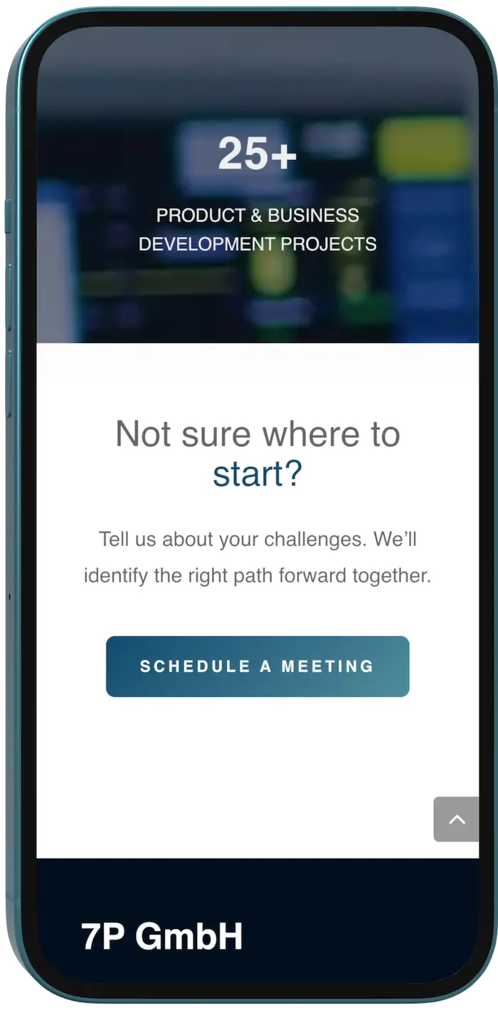 Abschlussbereich der 7P Healthcare Website mit Kennzahlen und Call-to-Action auf dem Smartphone