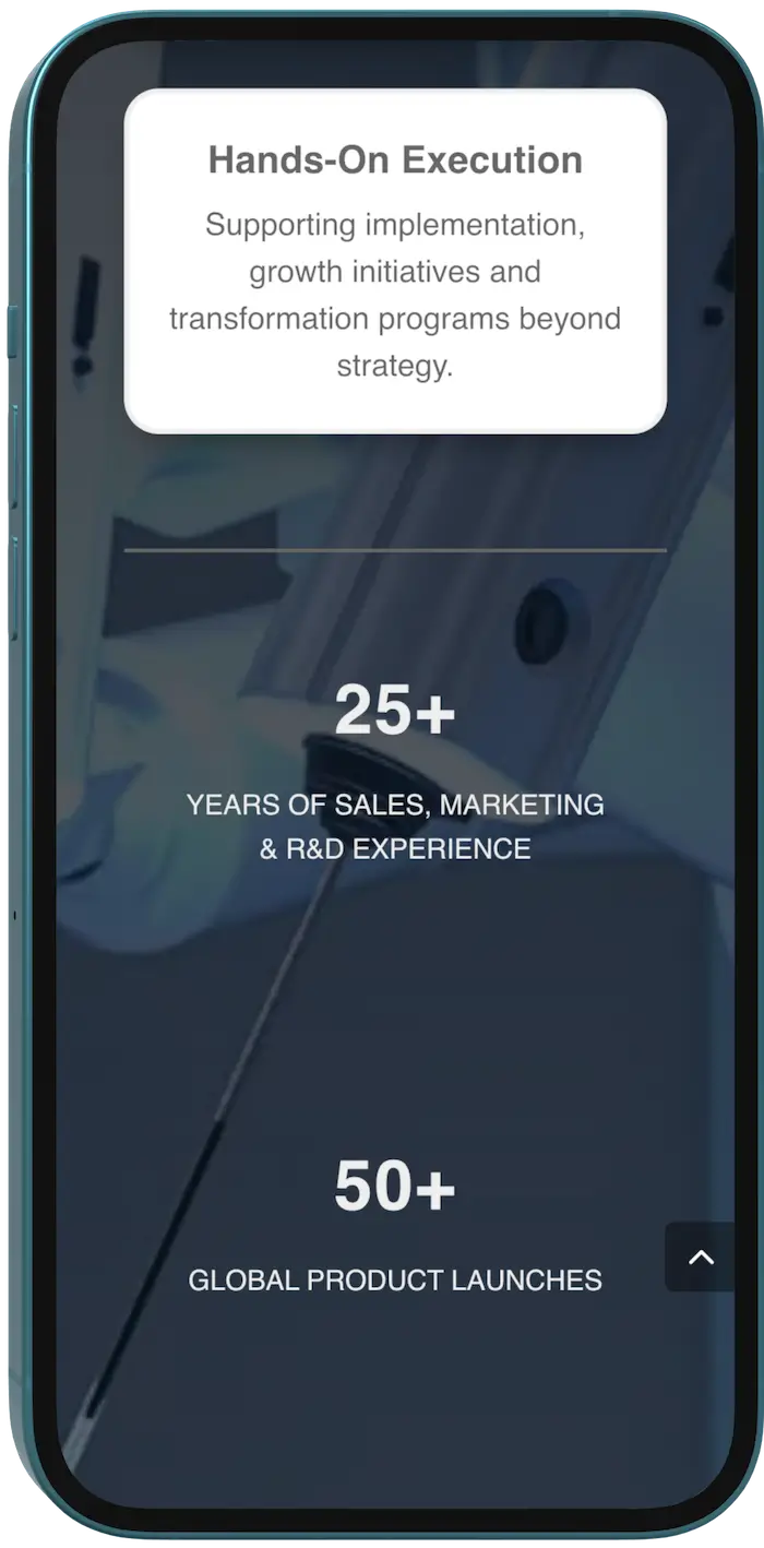Hands-On Execution und Kennzahlen-Sektion der 7P Healthcare Website auf dem Smartphone