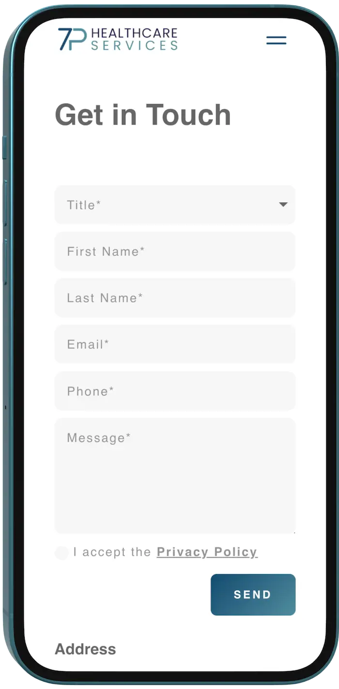 Kontaktformular der 7P Healthcare Website auf dem Smartphone