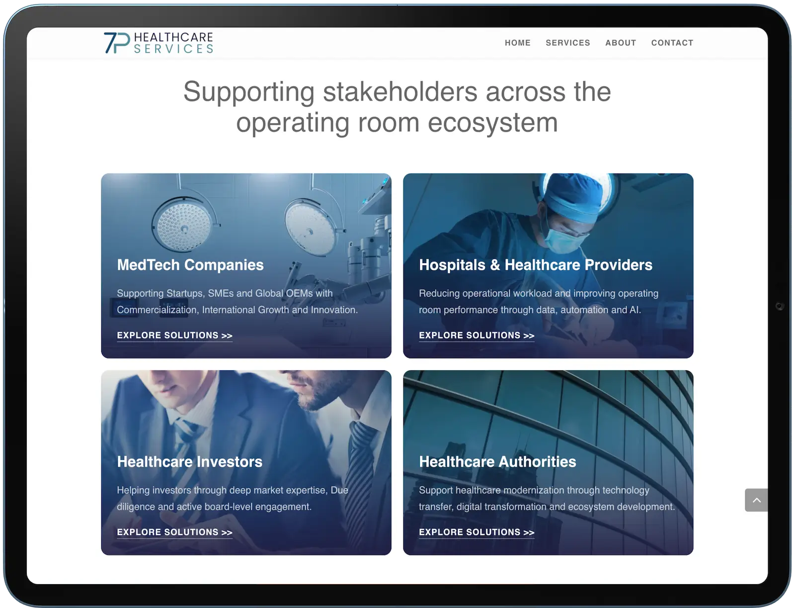 Leistungskarten der 7P Healthcare Website für vier Zielgruppen