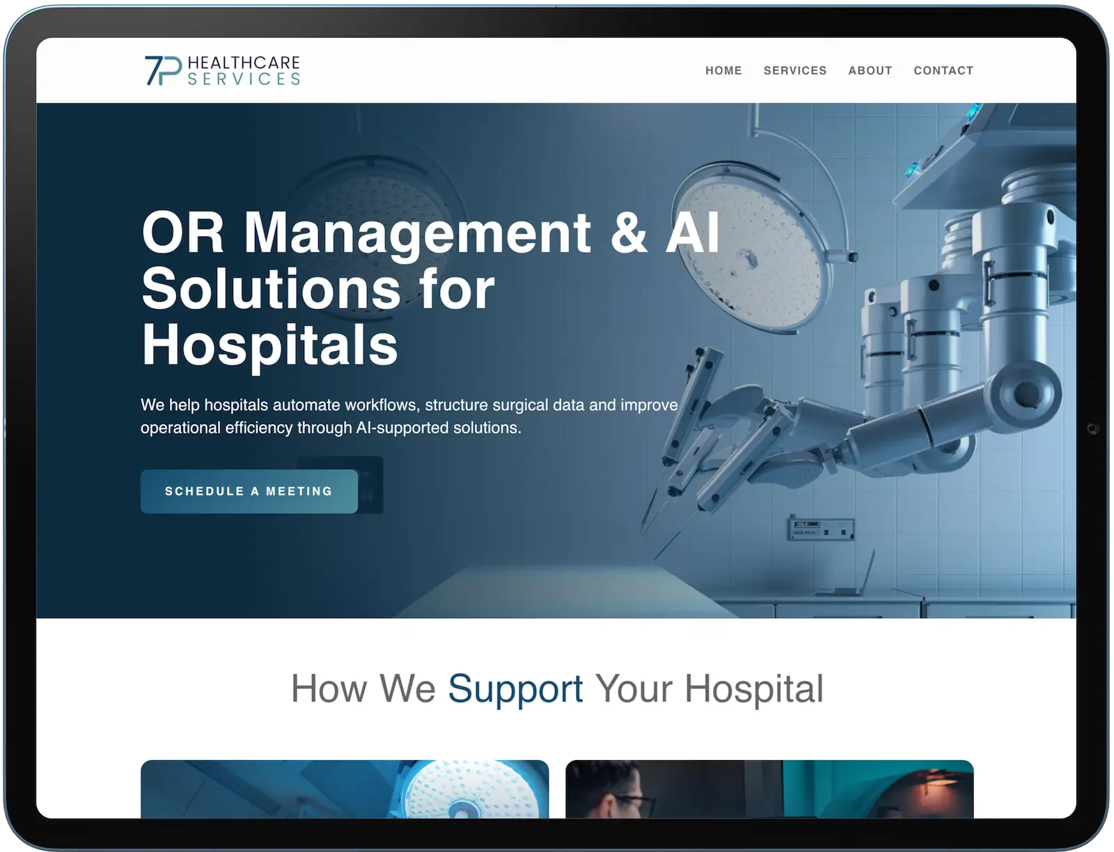 Hospitals-Seite der 7P Healthcare Website mit OR Management & AI Solutions Startbereich