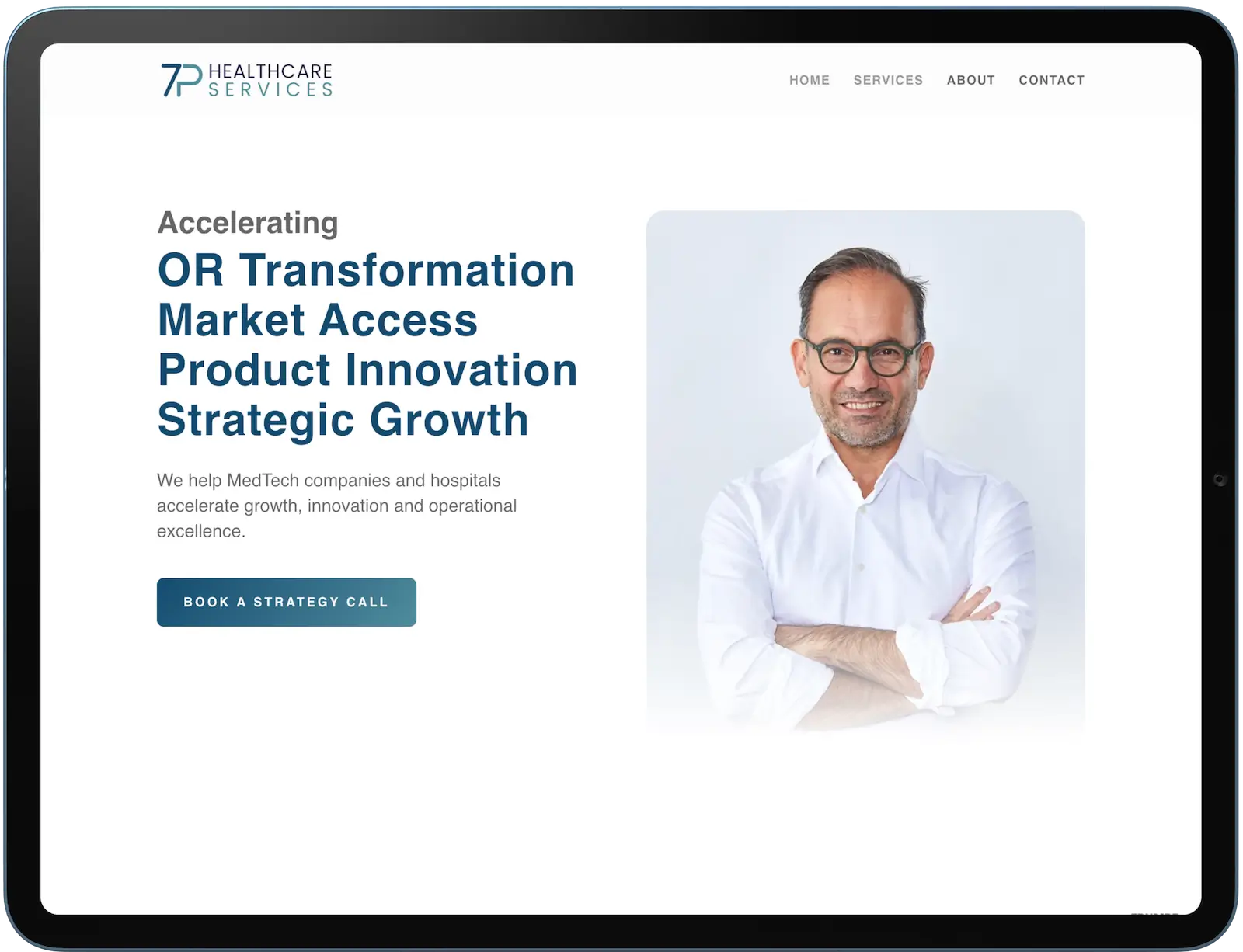 Startseite der 7P Healthcare Services Website mit Hauptbild und Call-to-Action