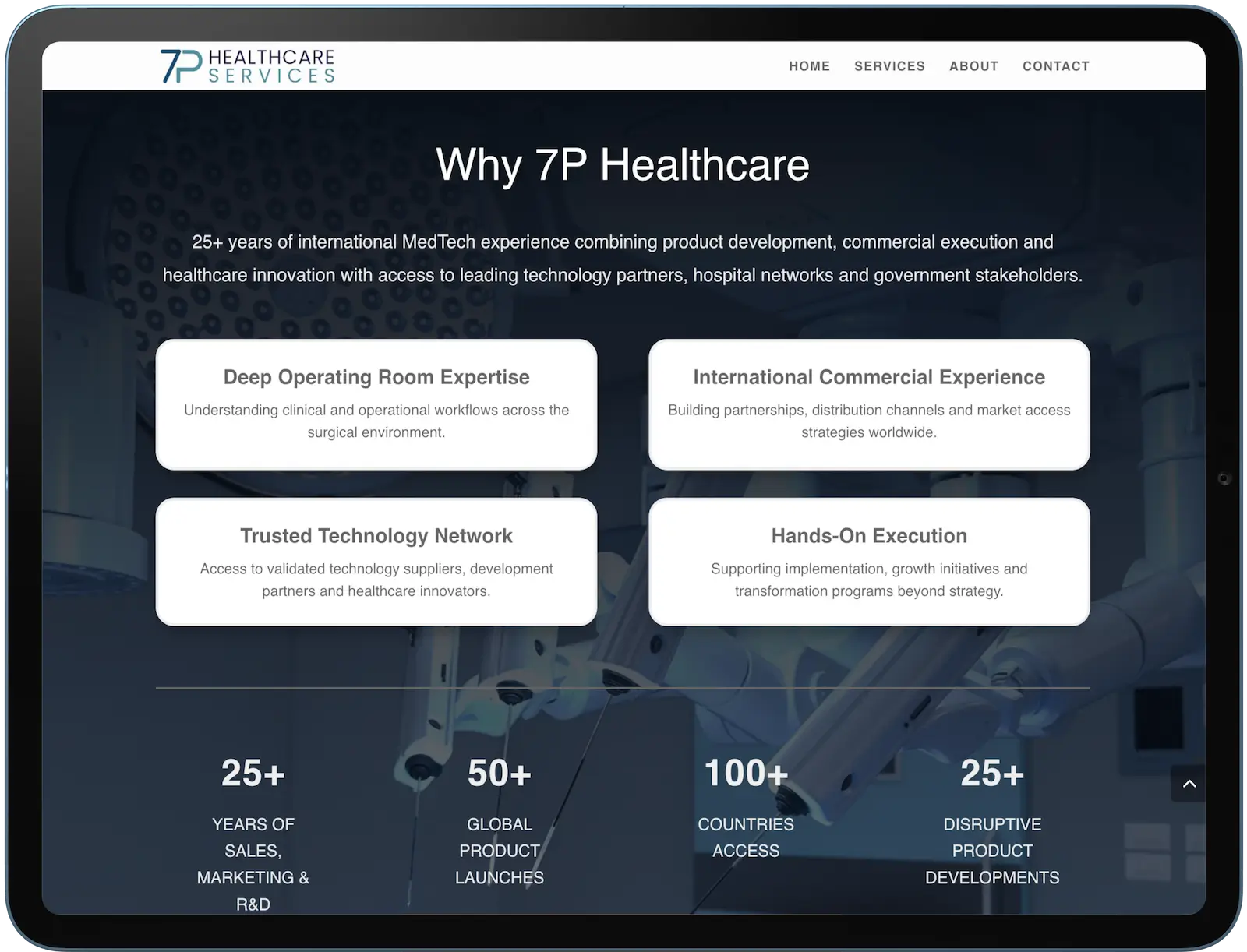 Why 7P Healthcare Sektion mit vier Stärken-Karten und Kennzahlen