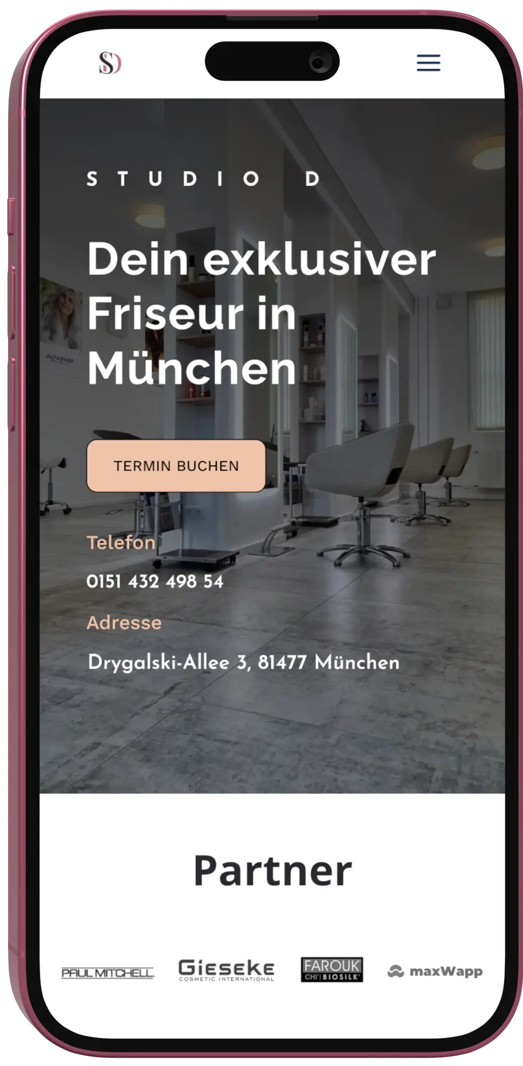 Mobile Ansicht der Studio D Website