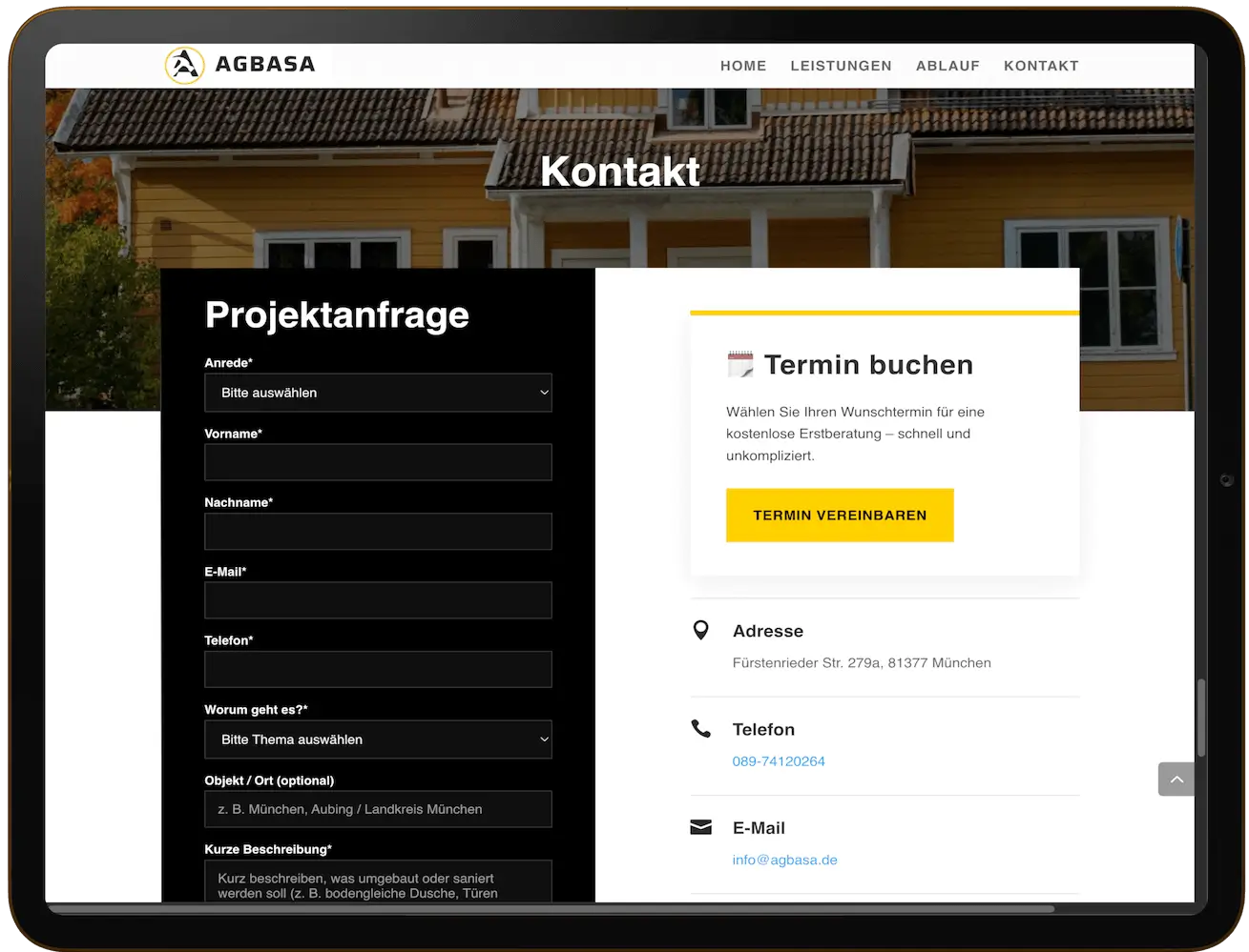 Kontaktformular und Projektanfrage auf der AGBASA Website