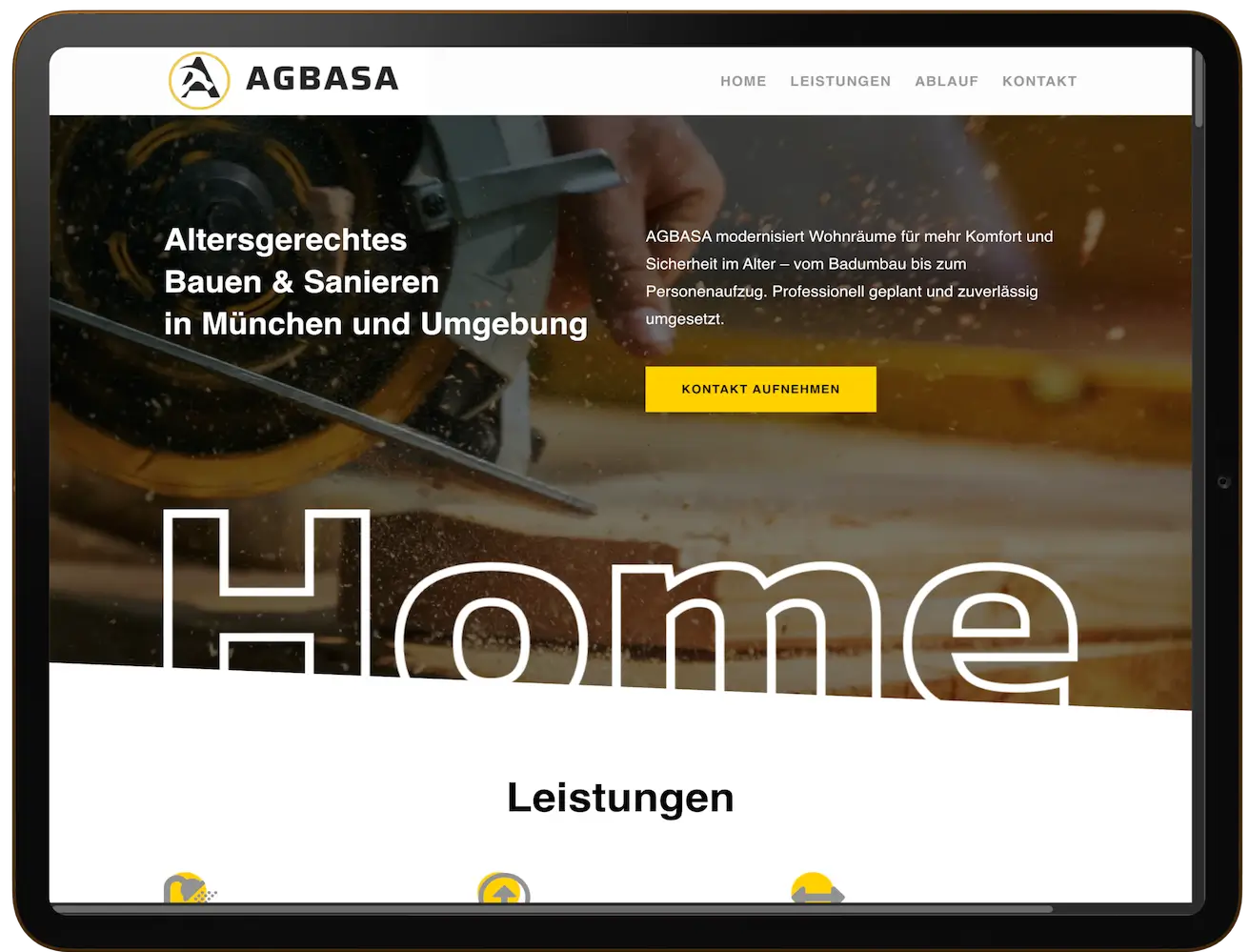 Hero Bereich der WordPress Website für AGBASA – Altersgerechtes Bauen und Sanieren in München