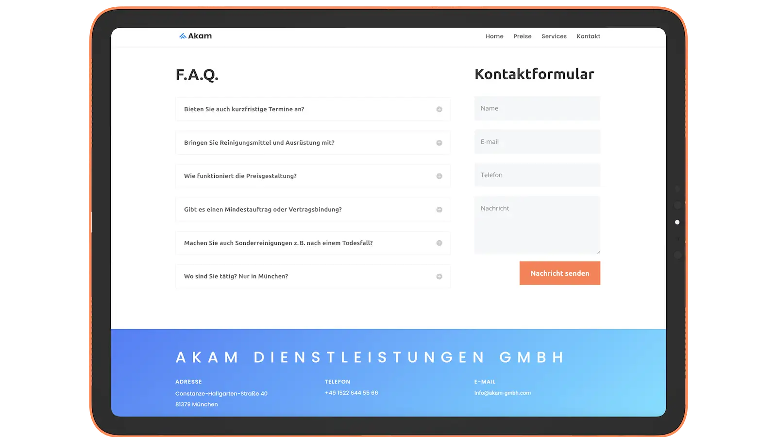 Kontaktseite und FAQ auf dem iPad Screenshot