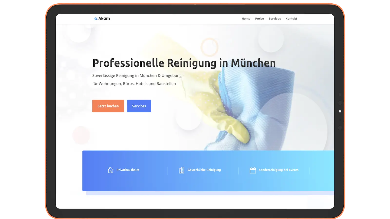 Startseite der Website von Akam Reinigungsfirma auf dem iPad