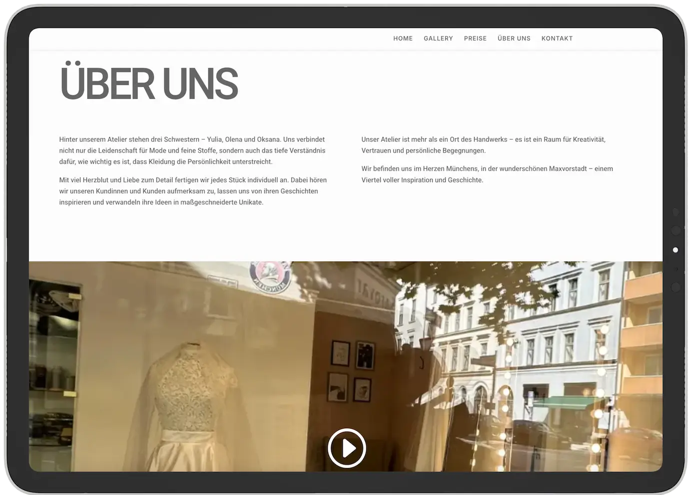 Über uns Seite der Atelier Website auf Tablet