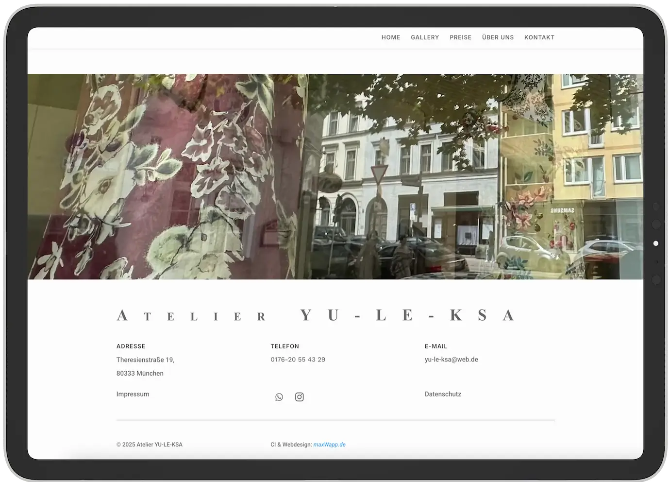 Kontaktbereich der Atelier Website