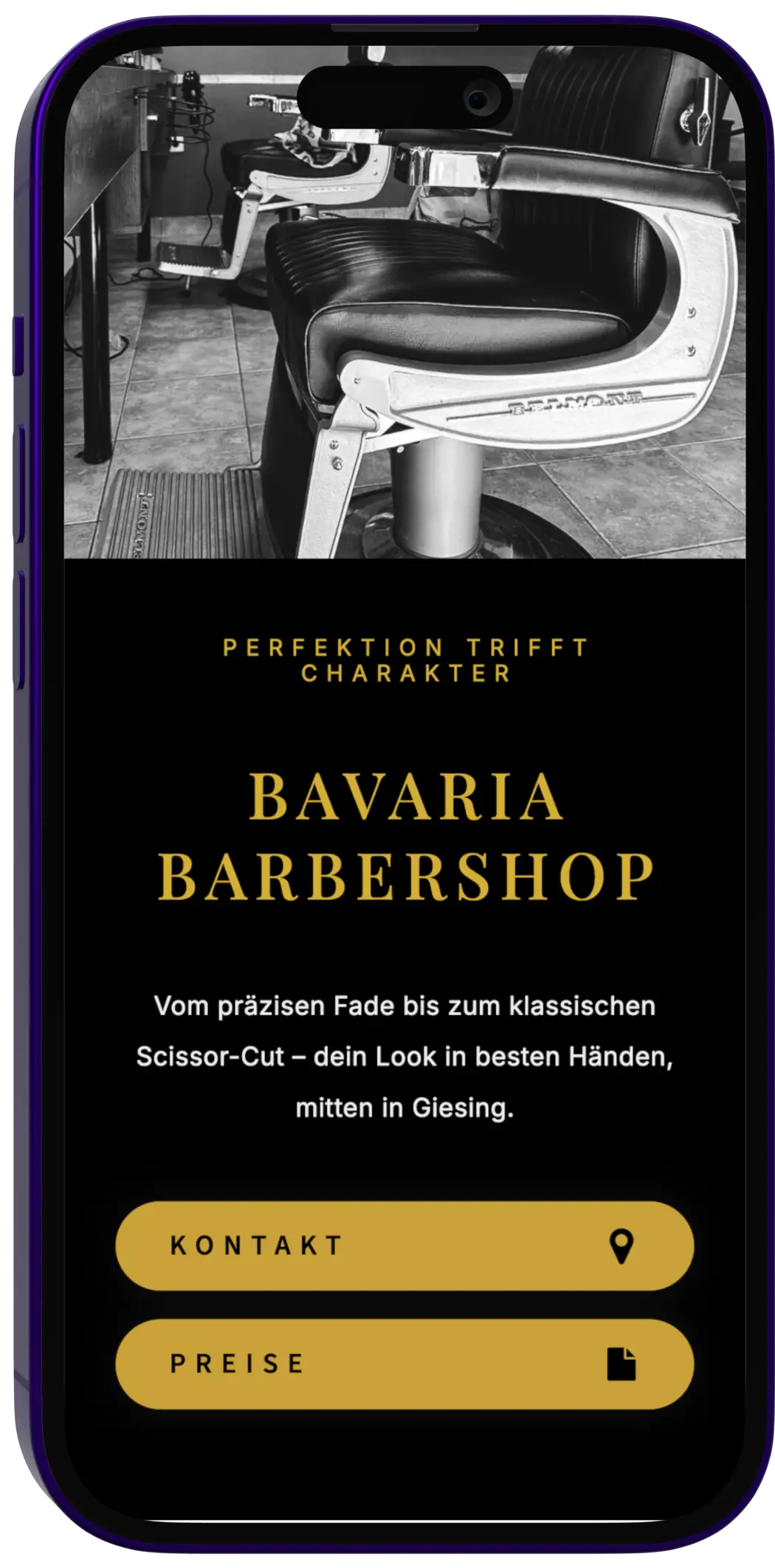 Startseite Bavaria Barbershop auf dem Smartphone