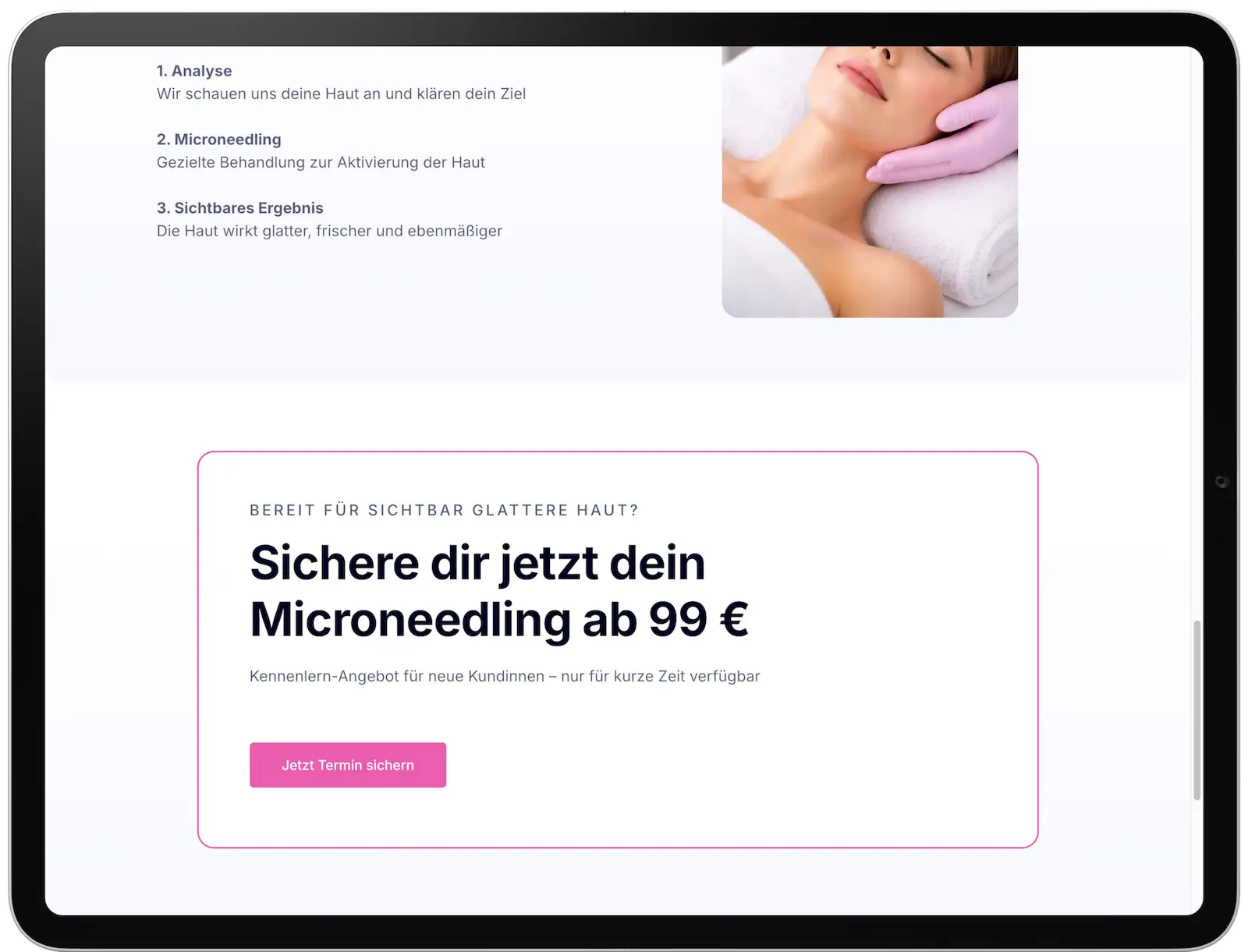 Finaler CTA-Bereich des Beauty Funnels mit Angebotsbox und Termin-Button
