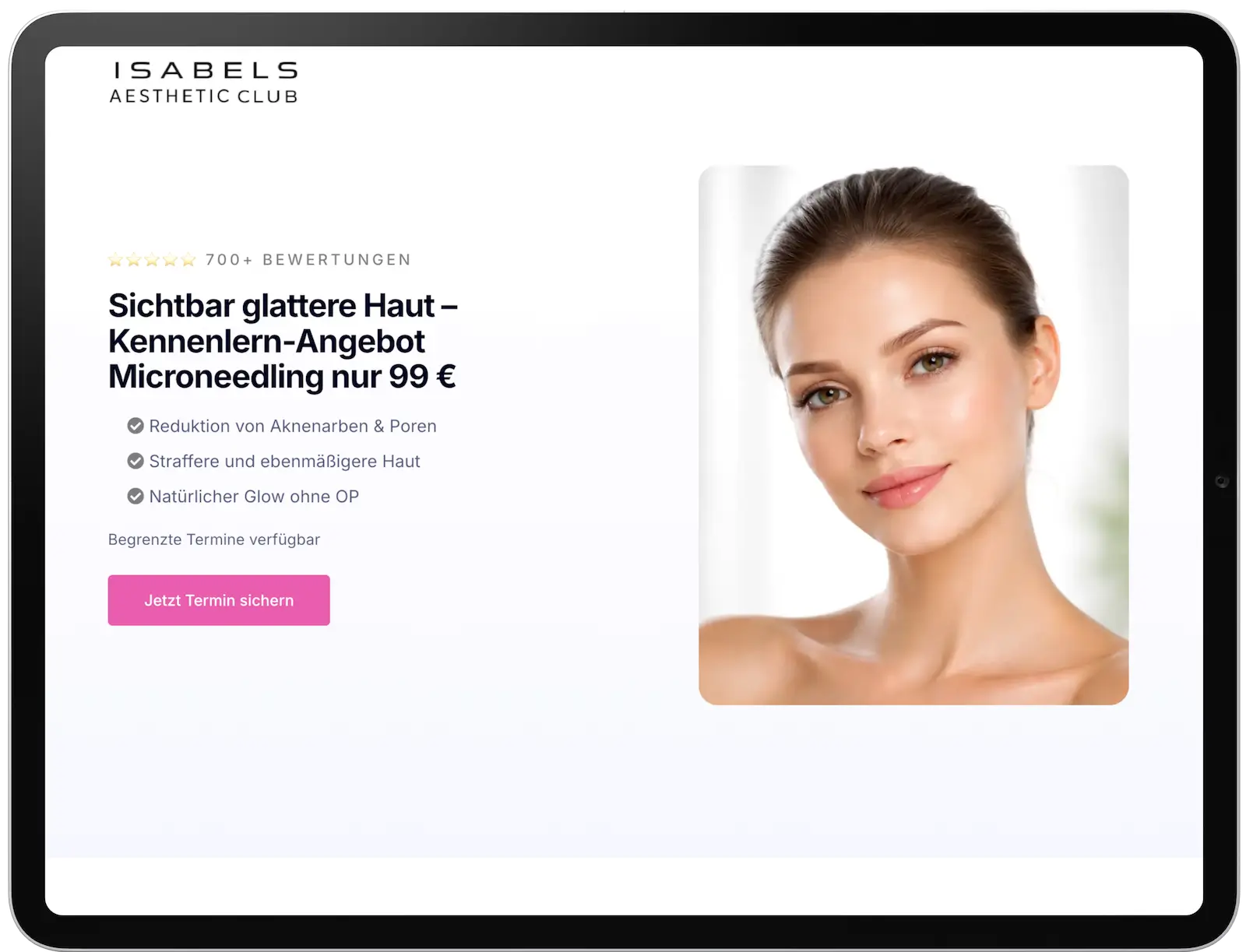 Hero-Bereich des Beauty Funnels in München mit Angebot, Bewertungen und Call-to-Action