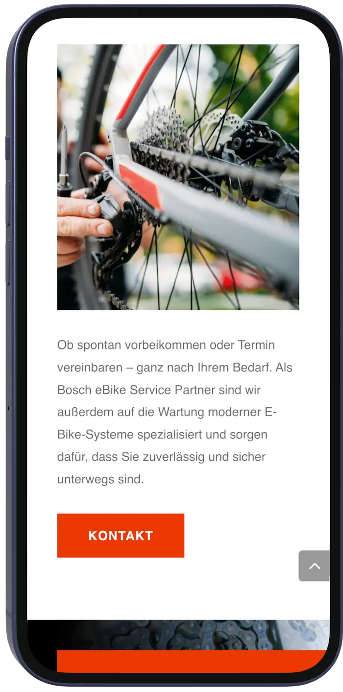 Kontaktbereich der Fahrradwerkstatt-Website auf dem Smartphone