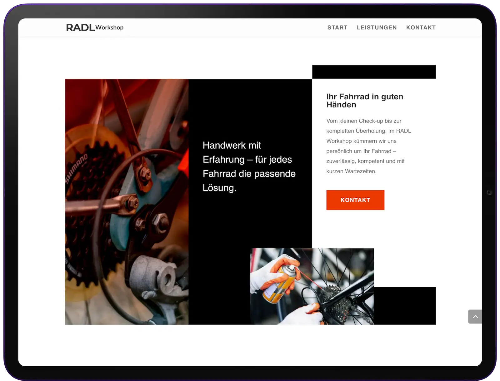 Desktop-Ansicht der Fahrradwerkstatt-Website mit responsivem Layout