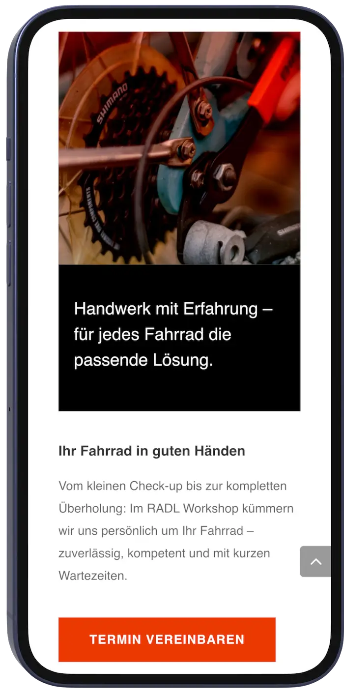 Smartphone-Ansicht der Fahrradwerkstatt-Website mit responsivem Layout
