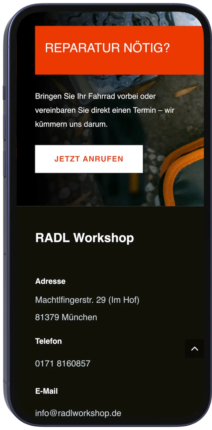 Abschlussbereich der Fahrradwerkstatt-Website mit Anruf-Button auf dem Smartphone