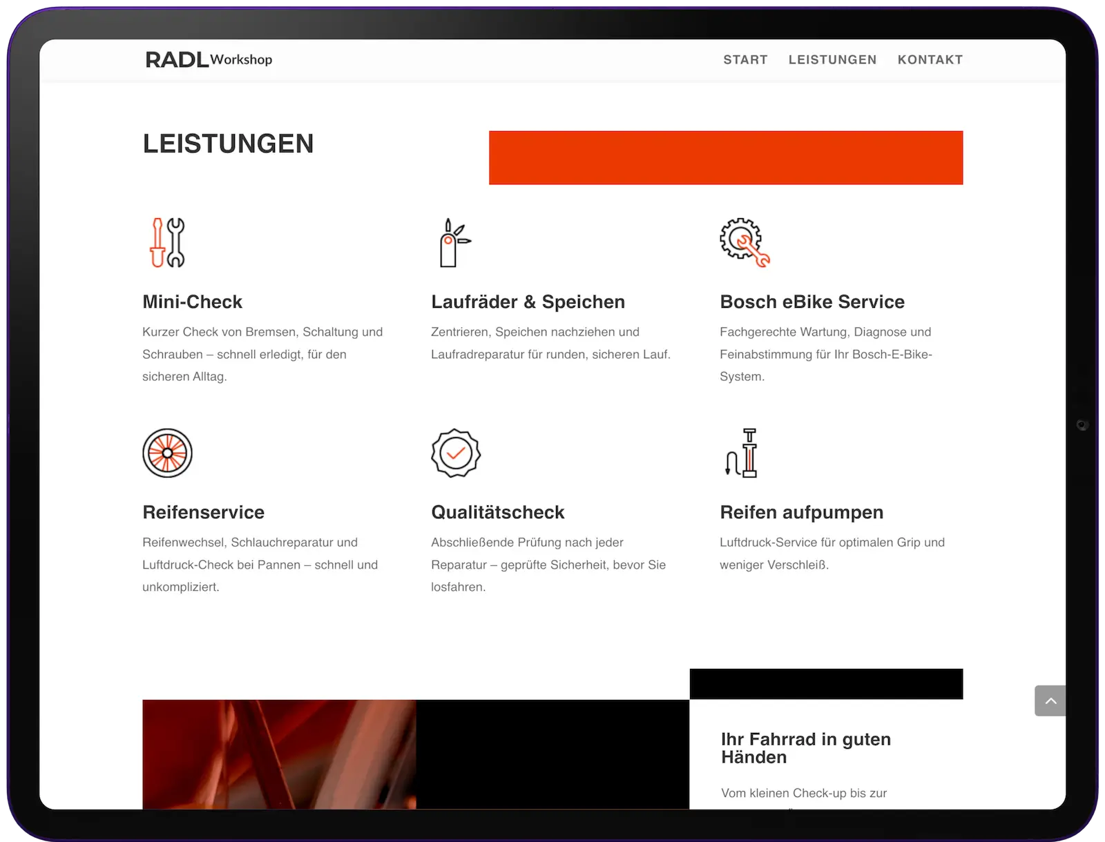 Leistungsübersicht der Fahrradwerkstatt-Website mit sechs Icons