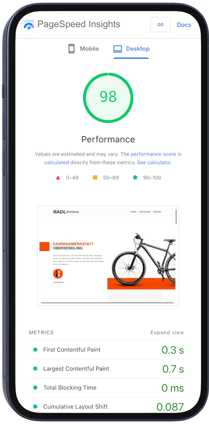 PageSpeed Insights Ergebnis der Fahrradwerkstatt-Website mit Score 98