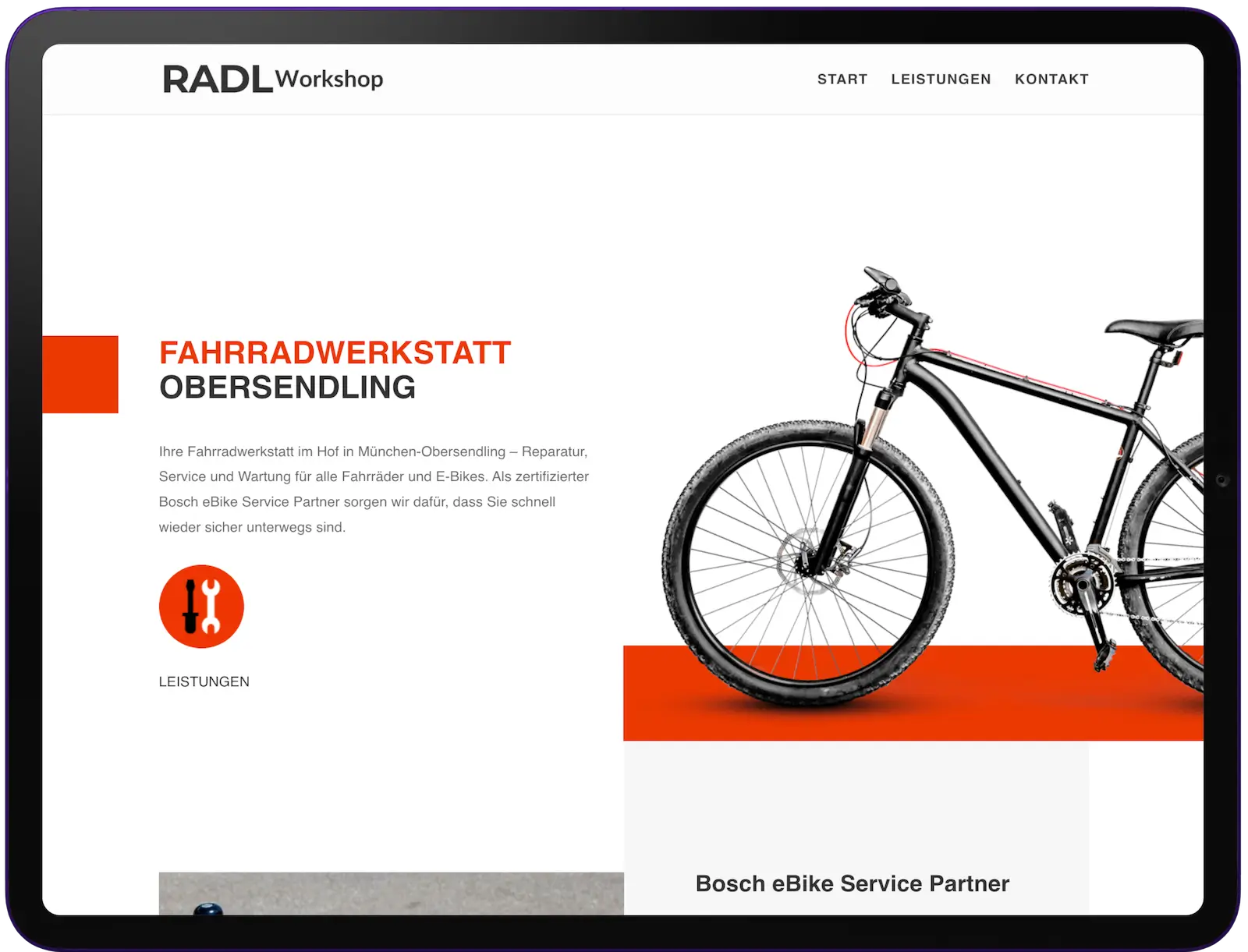Startseite der Fahrradwerkstatt-Website mit Hero-Bereich und Leistungsicon