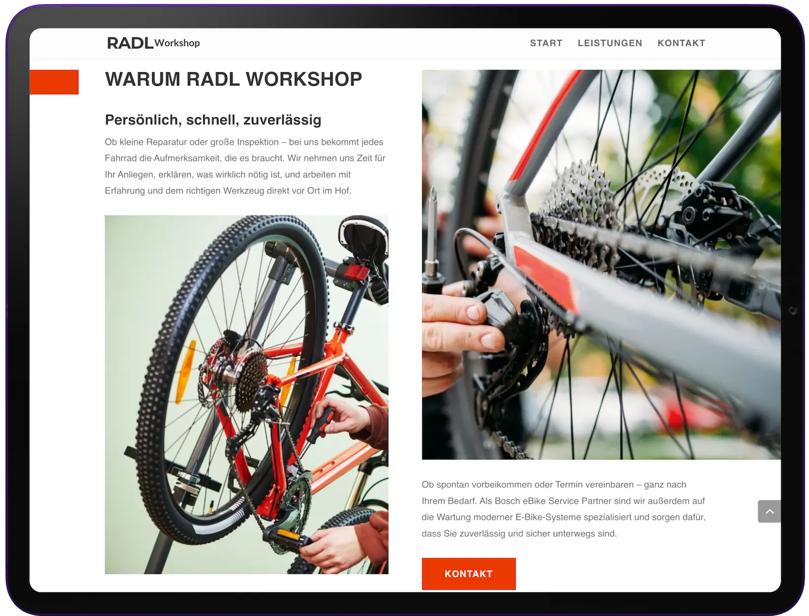 Warum-Sektion der Fahrradwerkstatt-Website mit eigenständig erstellter Bildauswahl und Texten