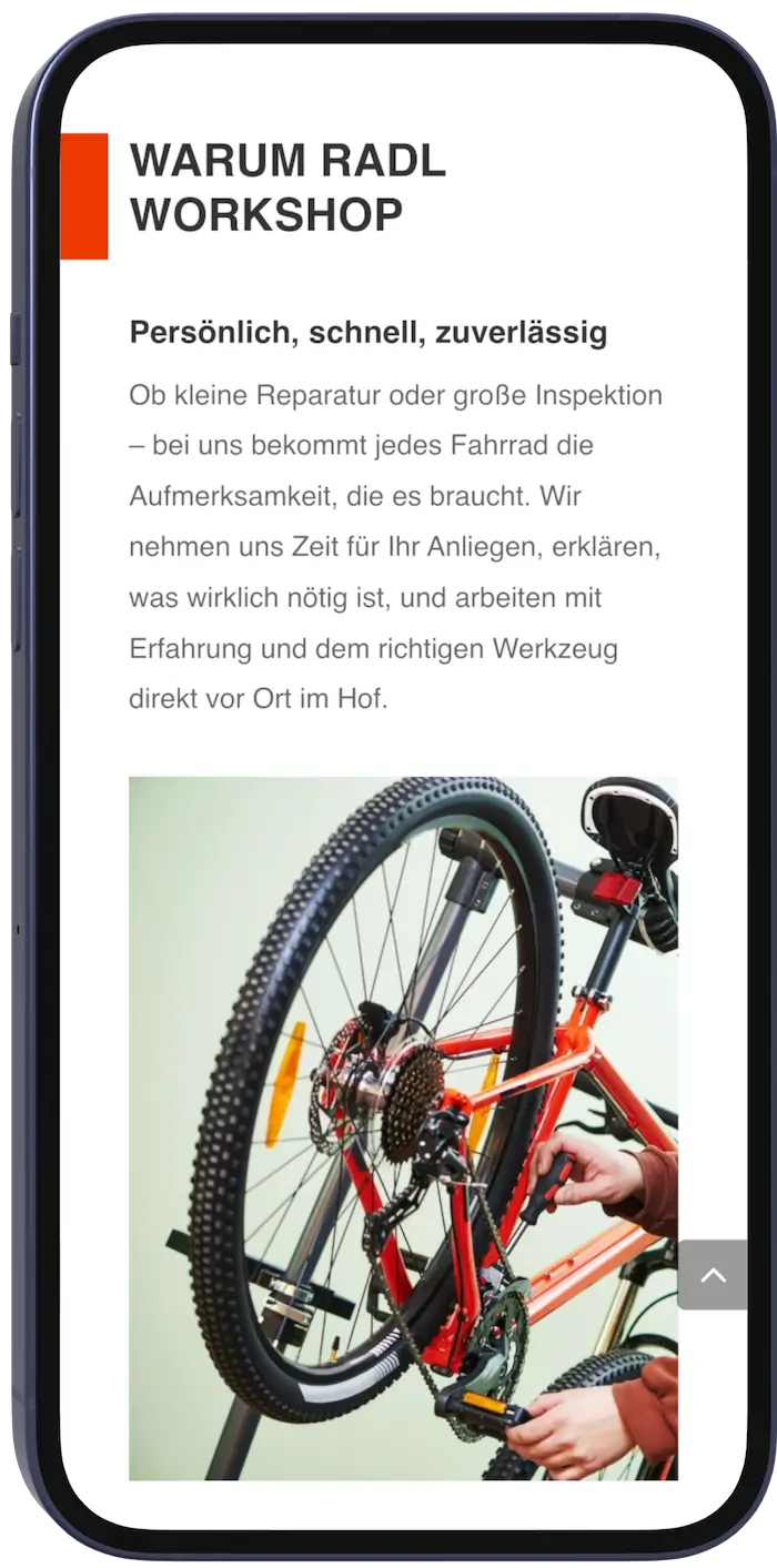 Warum-Sektion der Fahrradwerkstatt-Website mit Foto-Auswahl