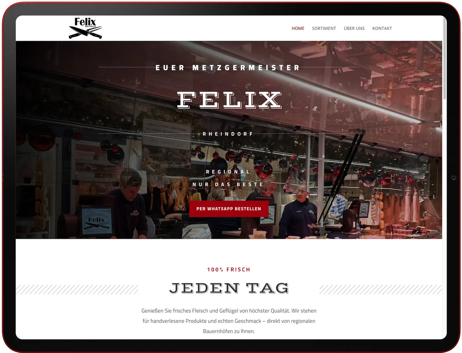 Hero Bereich der WordPress Website für einen Metzgermeister