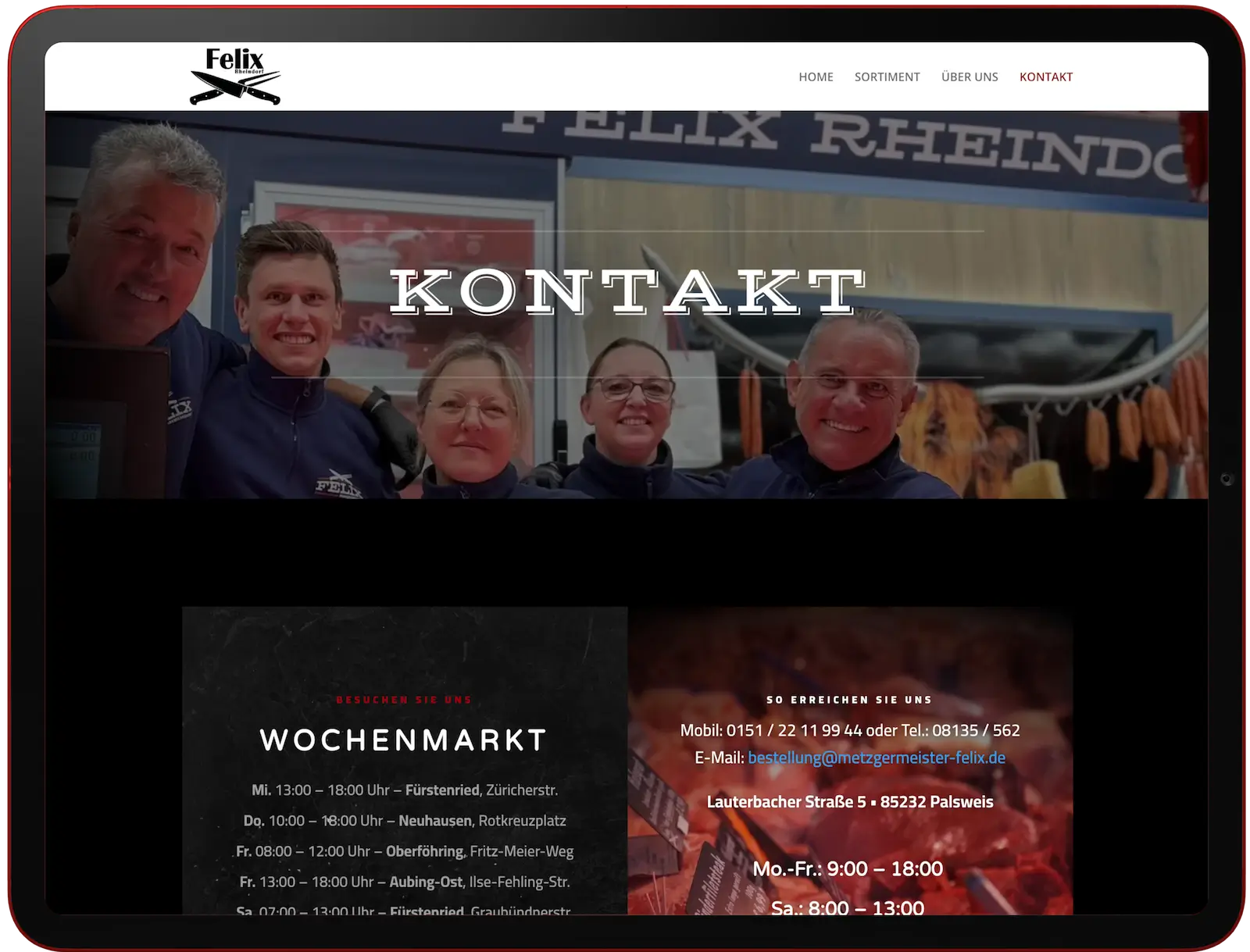 Kontakt Bereich der WordPress Website für einen Metzgermeister