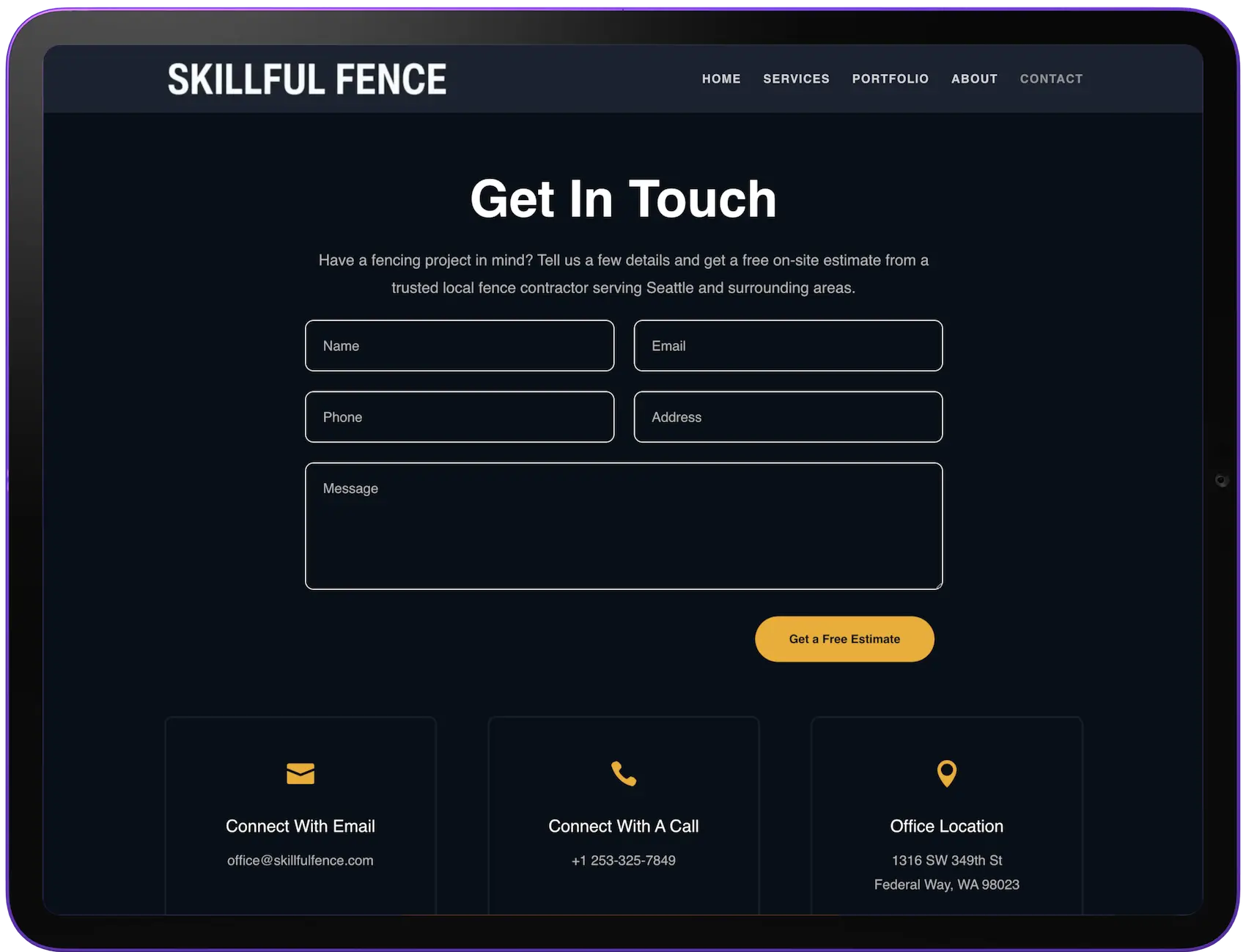 Kontaktformular und Standortübersicht auf dem Tablet