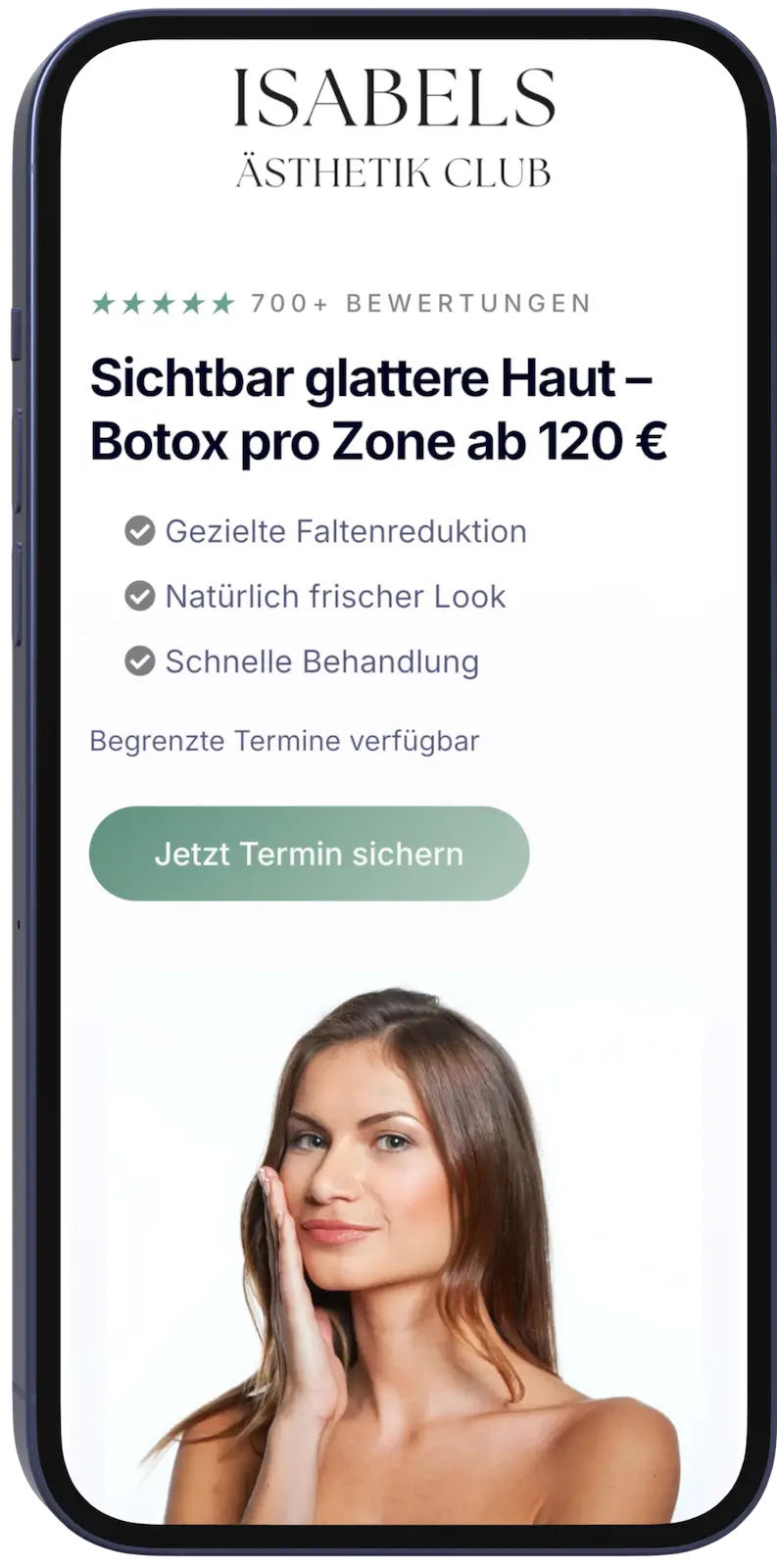 Portfolio Webdesign München – Hero-Bereich einer Botox-Landingpage für Isabels Ästhetik Club mit Angebot, Bewertungen und Call-to-Action