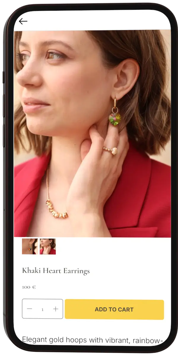 Mobile Produktseite – Khaki Heart Earrings auf dem iPhone