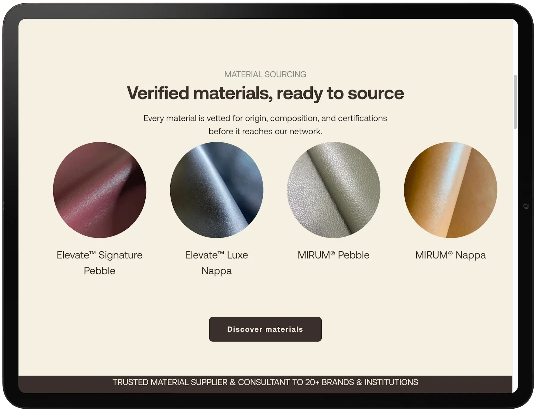 Materialsektion der Substanz Website mit kuratierten nachhaltigen Materialien