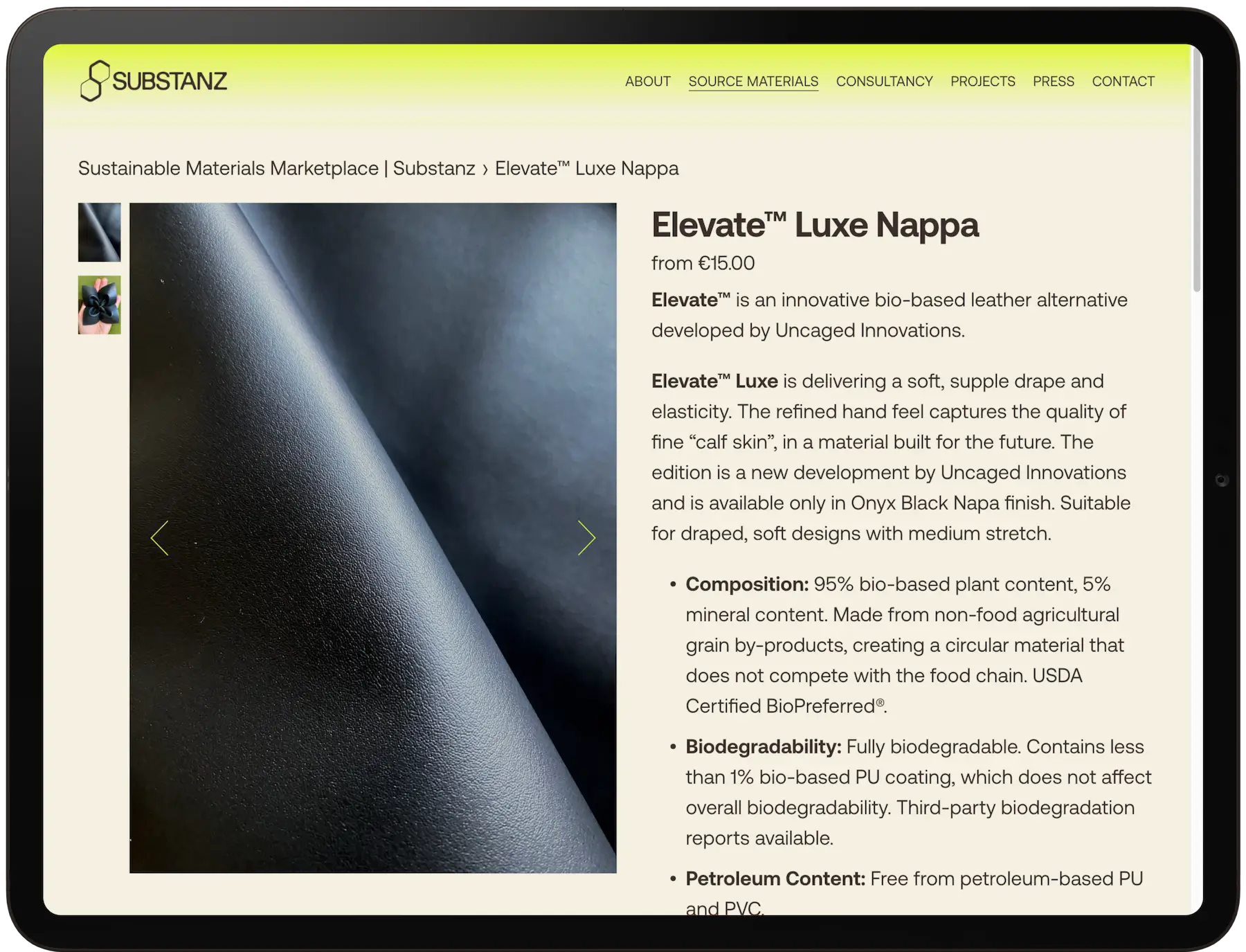 Produktdetailseite der Substanz Website mit Materialbeschreibung