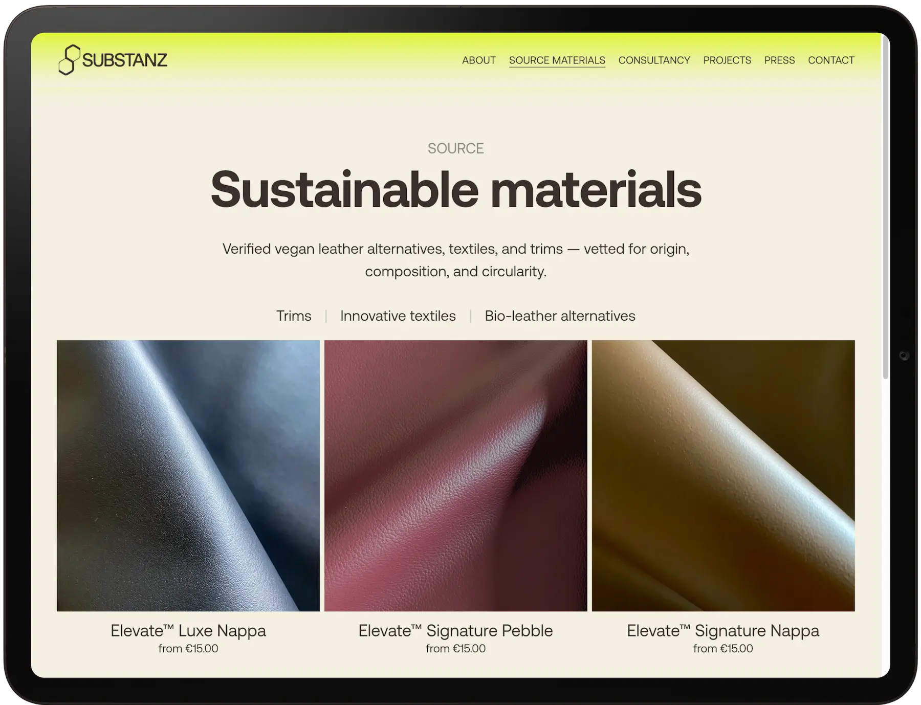 Startseite der Squarespace Website für nachhaltige Materialien – Substanz
