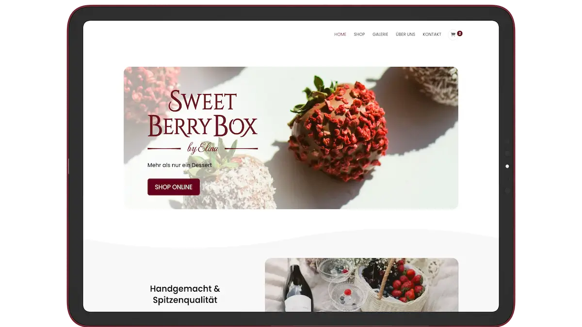 Tablet-Ansicht der Startseite mit Hero-Header und Shop-Button