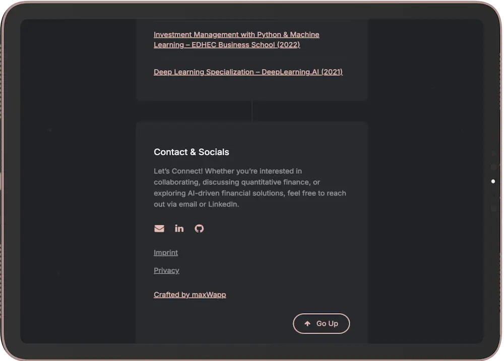 Website von Vadim Aevskiy auf einem iPad