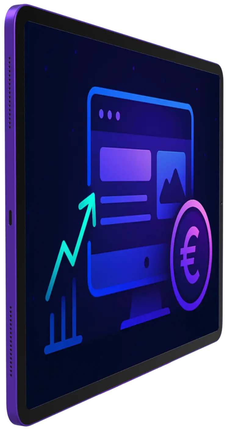 Illustration einer Website mit steigender Performance und Euro-Symbol – steht für Investition in eine professionelle Website mit messbarem Geschäftserfolg